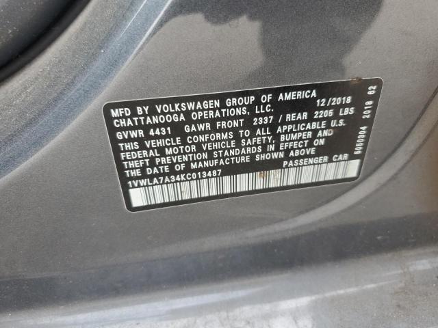 1VWLA7A34KC013487 - 2019 VOLKSWAGEN PASSAT WOLFSBURG GRAY photo 13