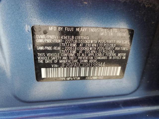 JF2GPADCXGH338944 - 2016 SUBARU CROSSTREK PREMIUM Көк фото 13
