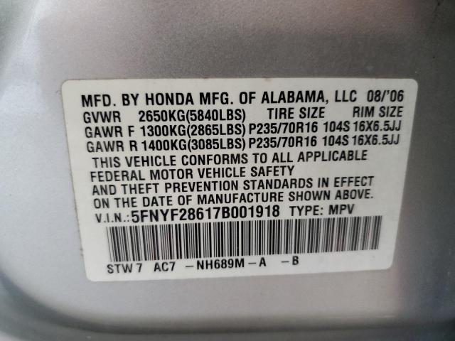 5FNYF28617B001918 - 2007 HONDA PILOT EXL Արծաթագույն լուսանկար 13