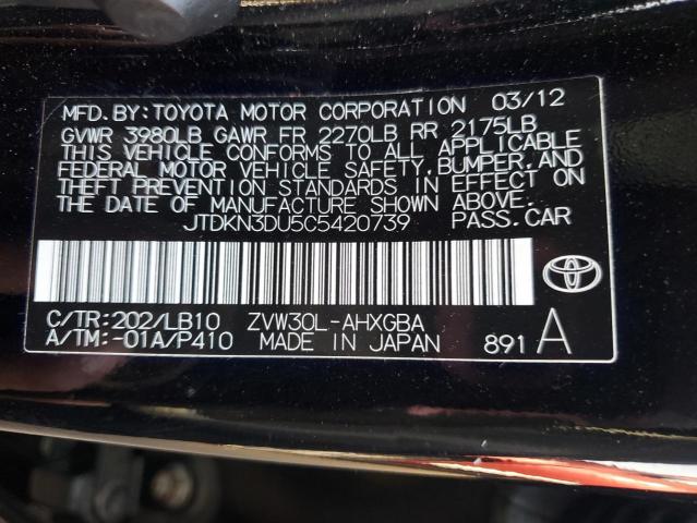 JTDKN3DU5C5420739 - 2012 TOYOTA PRIUS 黑色 照片 12