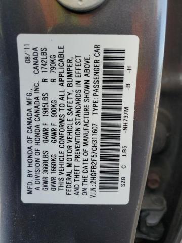 2HGFB2F57CH311607 - 2012 HONDA CIVIC LX 灰色 照片 13