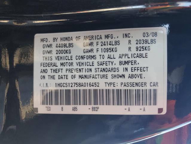 1HGCS12758A016452 - 2008 HONDA ACCORD EX BLACK photo 13