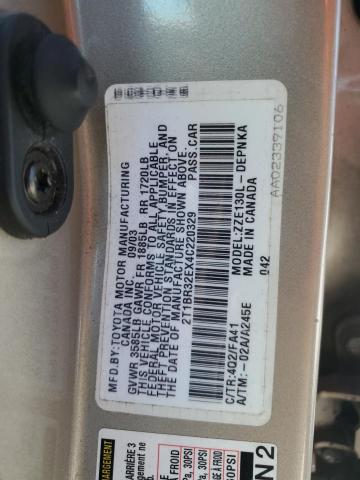 2T1BR32EX4C220329 - 2004 TOYOTA COROLLA CE BEIGE photo 12