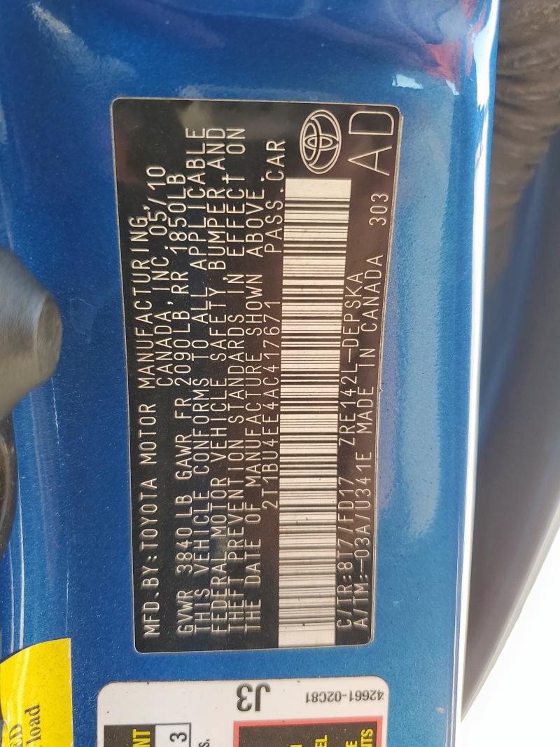 2T1BU4EE4AC417671 - 2010 TOYOTA COROLLA BASE أزرق صورة 12