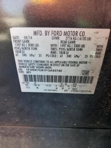 1FM5K7D81FGA93745 - 2015 FORD EXPLORER XLT Մոխրագույն լուսանկար 13