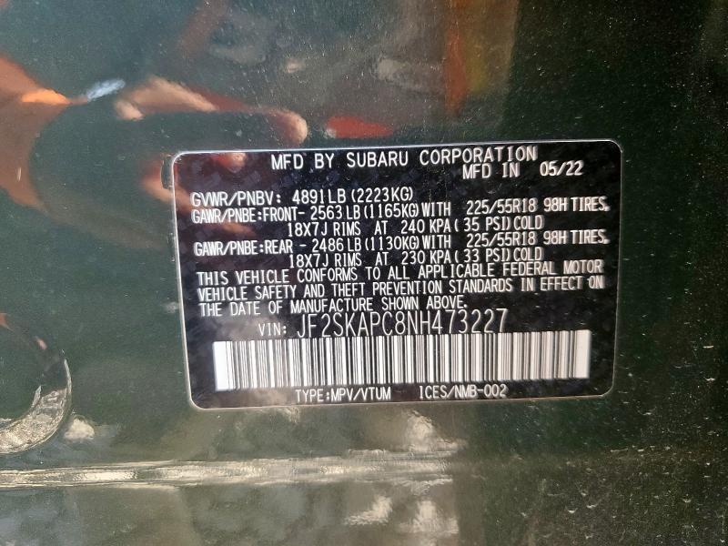 JF2SKAPC8NH473227 - 2022 SUBARU FORESTER LIMITED أخضر صورة 13