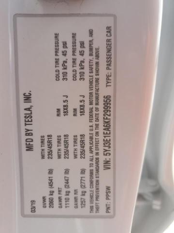 5YJ3E1EA6KF299956 - 2019 TESLA MODEL 3 WHITE photo 12