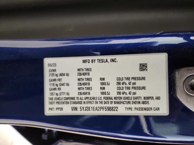 5YJ3E1EA2PF598822 - 2023 TESLA MODEL 3 أزرق صورة 12