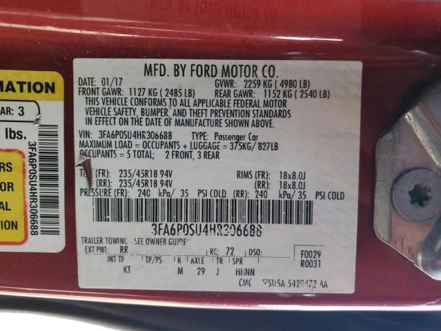 3FA6P0SU4HR306688 - 2017 FORD FUSION TITANIUM PHEV BURGUNDY photo 12