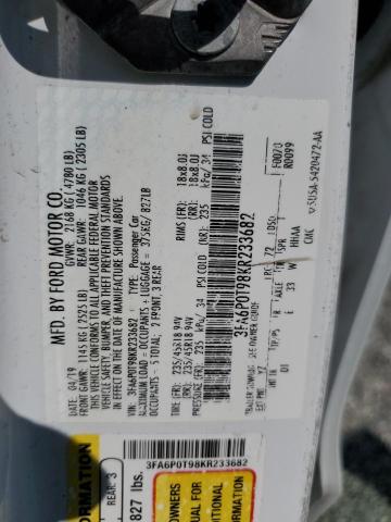3FA6P0T98KR233682 - 2019 FORD FUSION SE თეთრი ფოტო 12