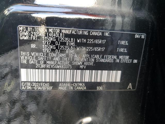 2T3RFREV5GW483375 - 2016 TOYOTA RAV4 XLE შავი ფოტო 12