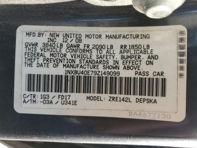 1NXBU40E79Z149099 - 2009 TOYOTA COROLLA BASE GRAY photo 12