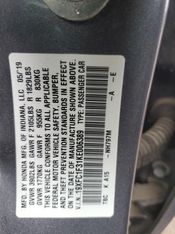 19XFC1F31KE006389 - 2019 HONDA CIVIC EX Gris photo 13