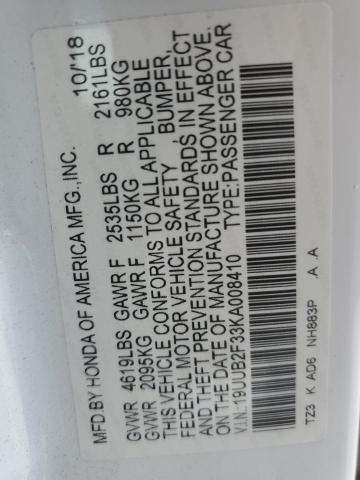 19UUB2F33KA008410 - 2019 ACURA TLX WHITE photo 12