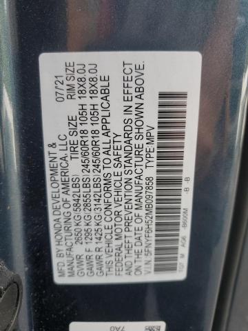 5FNYF6H52MB097858 - 2021 HONDA PILOT EXL 青色 照片 13