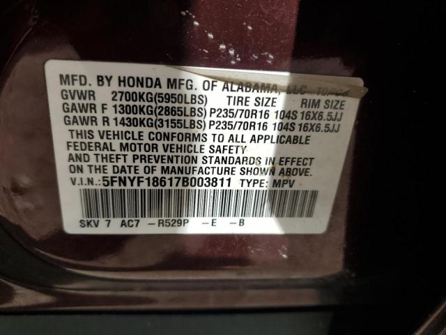 5FNYF18617B003811 - 2007 HONDA PILOT EXL MAROON photo 12