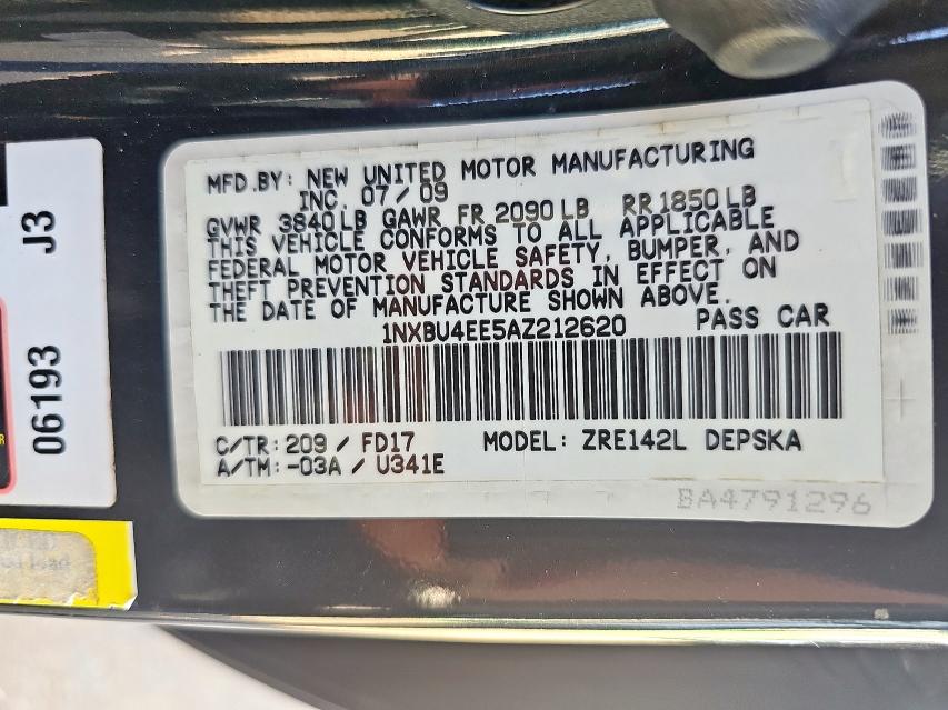 1NXBU4EE5AZ212620 - 2010 TOYOTA COROLLA BASE Noir photo 10