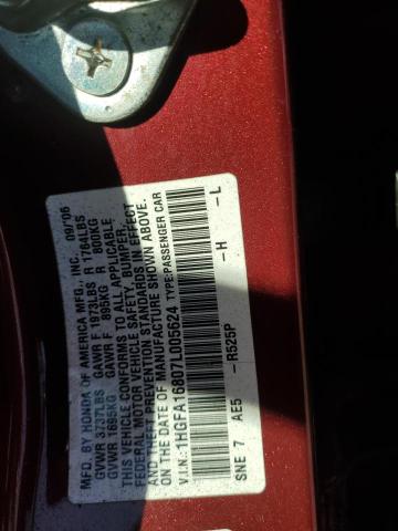 1HGFA16807L005624 - 2007 HONDA CIVIC EX BURGUNDY photo 12