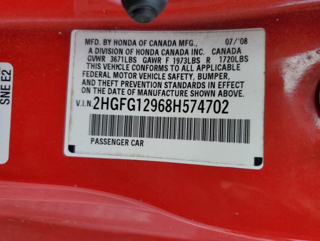 2HGFG12968H574702 - 2008 HONDA CIVIC EXL Qırmızı foto 12