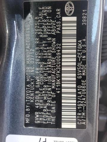 4T1BK1FK3CU009432 - 2012 TOYOTA CAMRY SE Szary zdjęcie 12