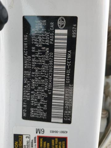 4T1BK46K29U596720 - 2009 TOYOTA CAMRY SE WHITE photo 12