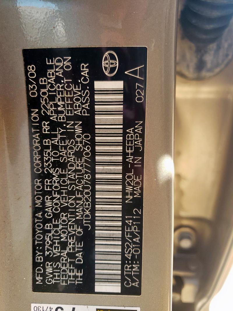 JTDKB20U787770670 - 2008 TOYOTA PRIUS TAN photo 12