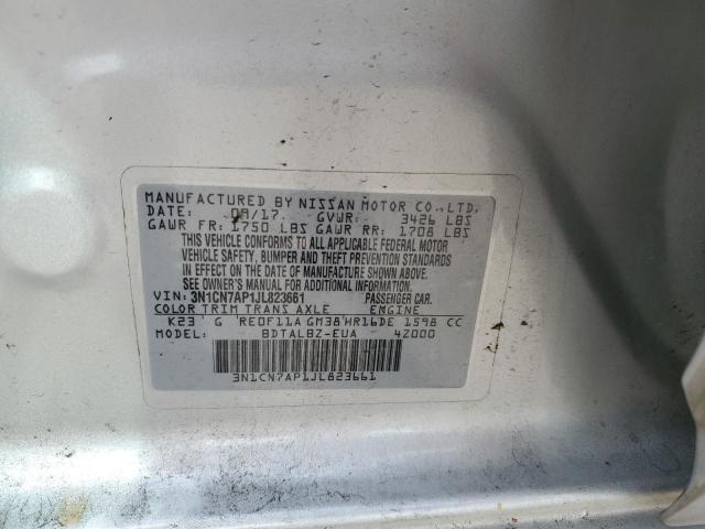 3N1CN7AP1JL823661 - 2018 NISSAN VERSA S 银色 照片 12