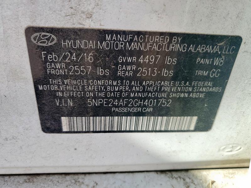 5NPE24AF2GH401752 - 2016 HYUNDAI SONATA SE თეთრი ფოტო 12