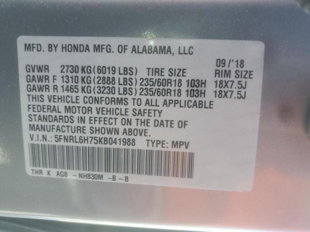 5FNRL6H75KB041988 - 2019 HONDA ODYSSEY EXL SILVER photo 13