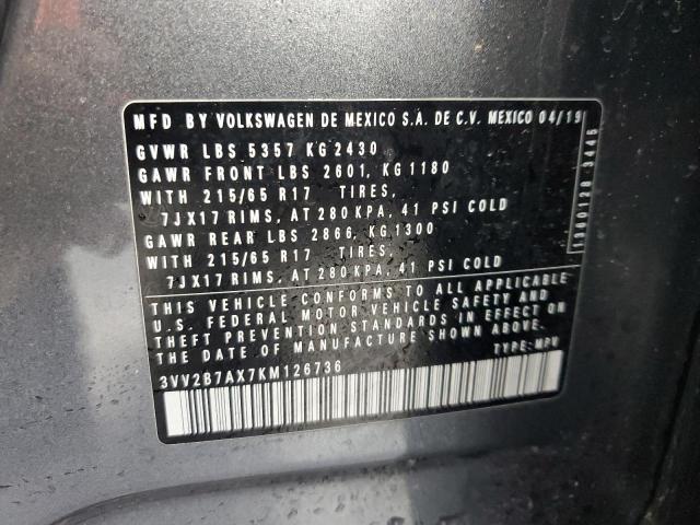 3VV2B7AX7KM126736 - 2019 VOLKSWAGEN TIGUAN SE ნაცრისფერი ფოტო 13