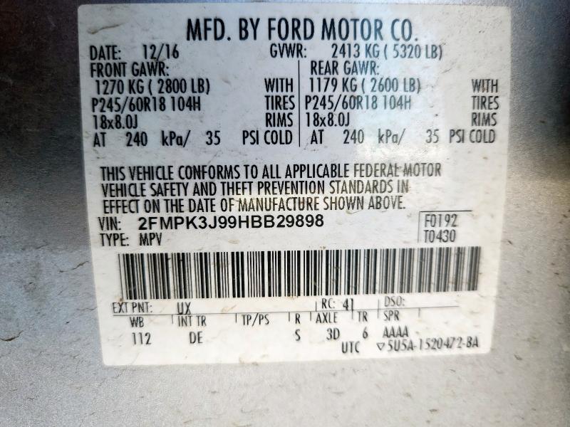 2FMPK3J99HBB29898 - 2017 FORD EDGE SEL GRAY photo 13