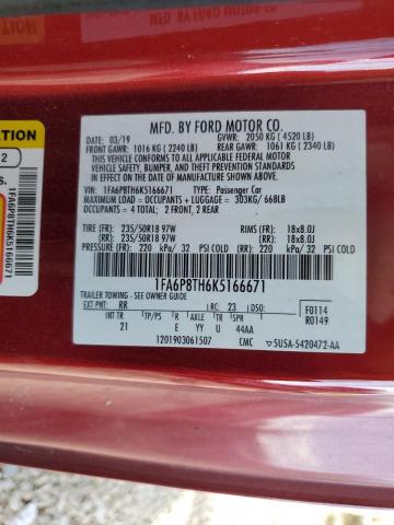 1FA6P8TH6K5166671 - 2019 FORD MUSTANG RED photo 13