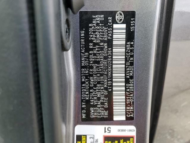 4T1B11HK6KU264364 - 2019 TOYOTA CAMRY L Մոխրագույն լուսանկար 12