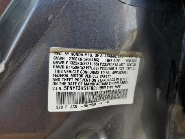 5FNYF3H51FB011960 - 2015 HONDA PILOT EXL 灰色 照片 13