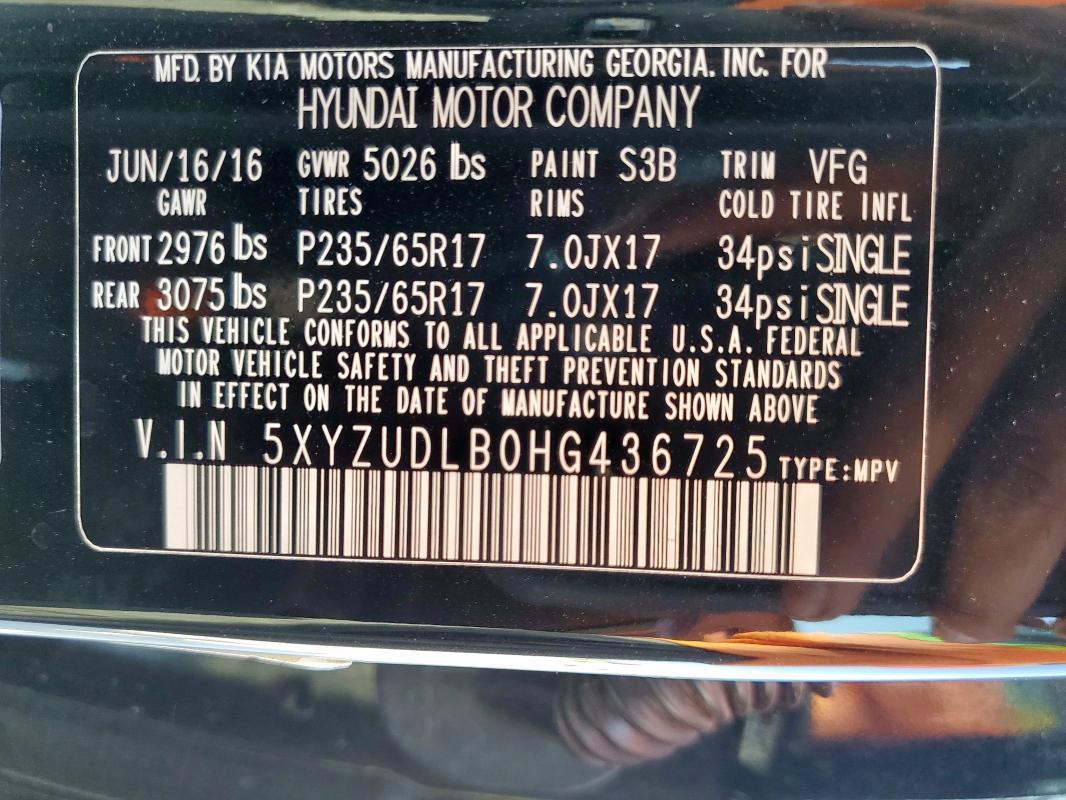 5XYZUDLB0HG436725 - 2017 HYUNDAI SANTA FE S BLACK photo 13