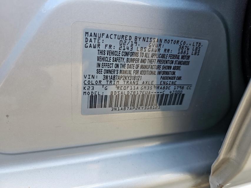 3N1AB7AP2KY318121 - 2019 NISSAN SENTRA S Сұр фото 10