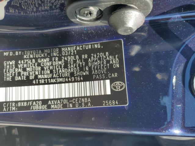 4T1R11AK9MU449164 - 2021 TOYOTA CAMRY LE 黑色 照片 12