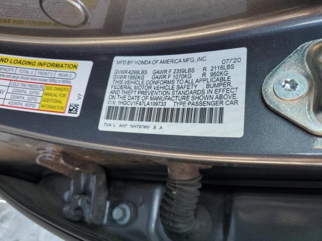 1HGCV1F47LA109733 - 2020 HONDA ACCORD EX GRAY photo 12