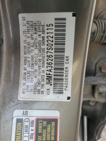 JHMFA36267S022115 - 2007 HONDA CIVIC HYBRID GRAY photo 12