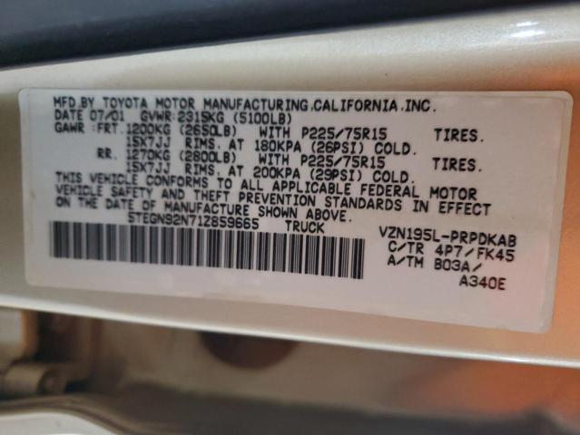 5TEGN92N71Z859665 - 2001 TOYOTA TACOMA DOUBLE CAB PRERUNNER TAN photo 12