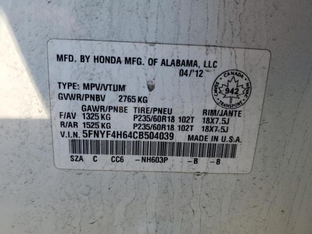 5FNYF4H64CB504039 - 2012 HONDA PILOT EXL WHITE photo 13
