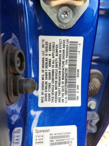 19XFC2F86KE042791 - 2019 HONDA CIVIC SPORT Көк фото 13