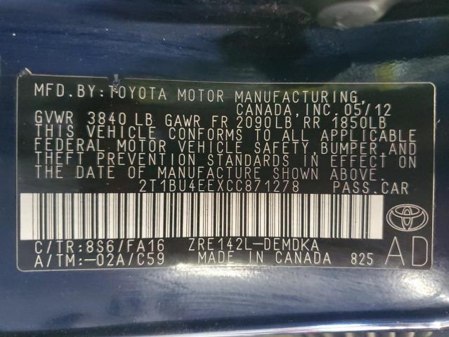 2T1BU4EEXCC871278 - 2012 TOYOTA COROLLA BASE Синій фото 12