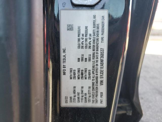 5YJ3E1EA8NF368537 - 2022 TESLA MODEL 3 黑色 照片 12