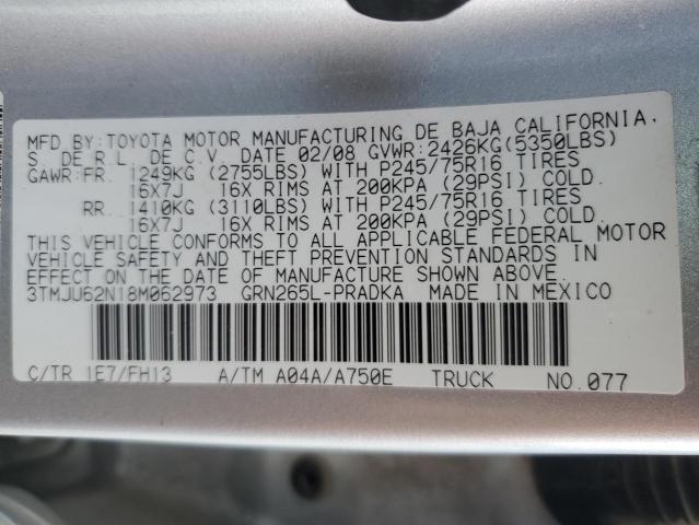 3TMJU62N18M062973 - 2008 TOYOTA TACOMA DOUBLE CAB PRERUNNER SILVER photo 12