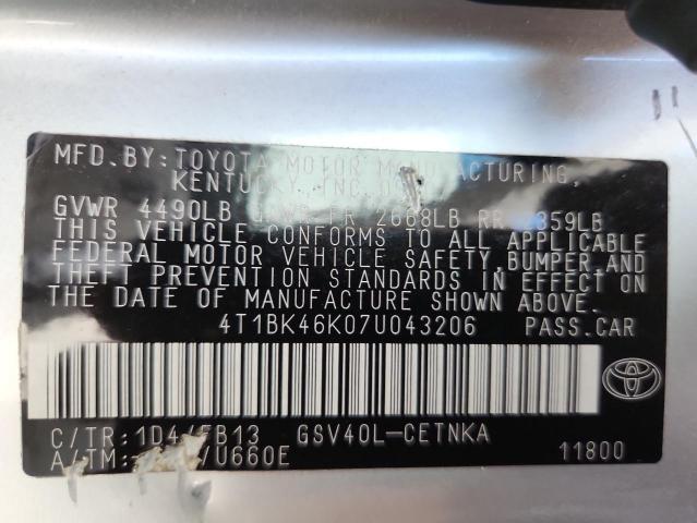 4T1BK46K07U043206 - 2007 TOYOTA CAMRY LE 银色 照片 12