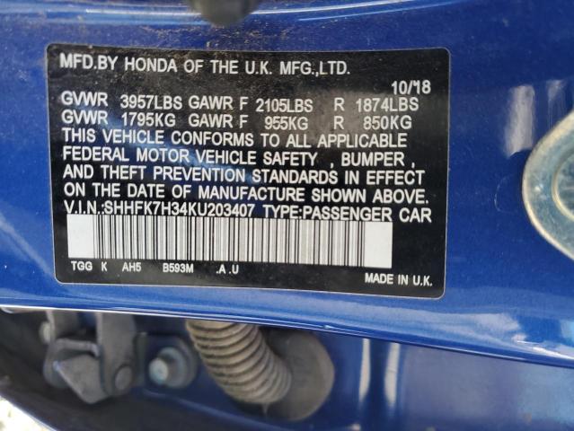 SHHFK7H34KU203407 - 2019 HONDA CIVIC LX Mavi foto 12