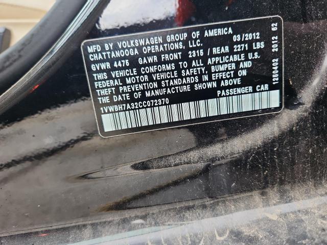 1VWBH7A32CC072370 - 2012 VOLKSWAGEN PASSAT SE BLACK photo 12