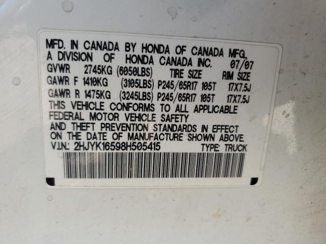 2HJYK16598H505415 - 2008 HONDA RIDGELINE RTL WHITE photo 12