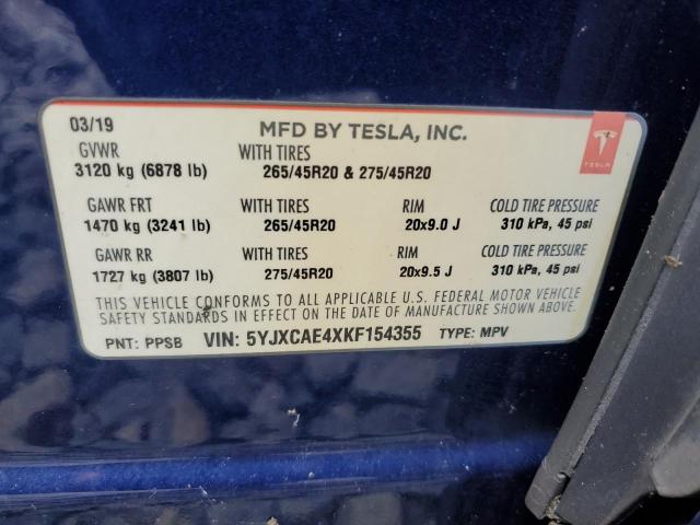 5YJXCAE4XKF154355 - 2019 TESLA MODEL X Mavi foto 12